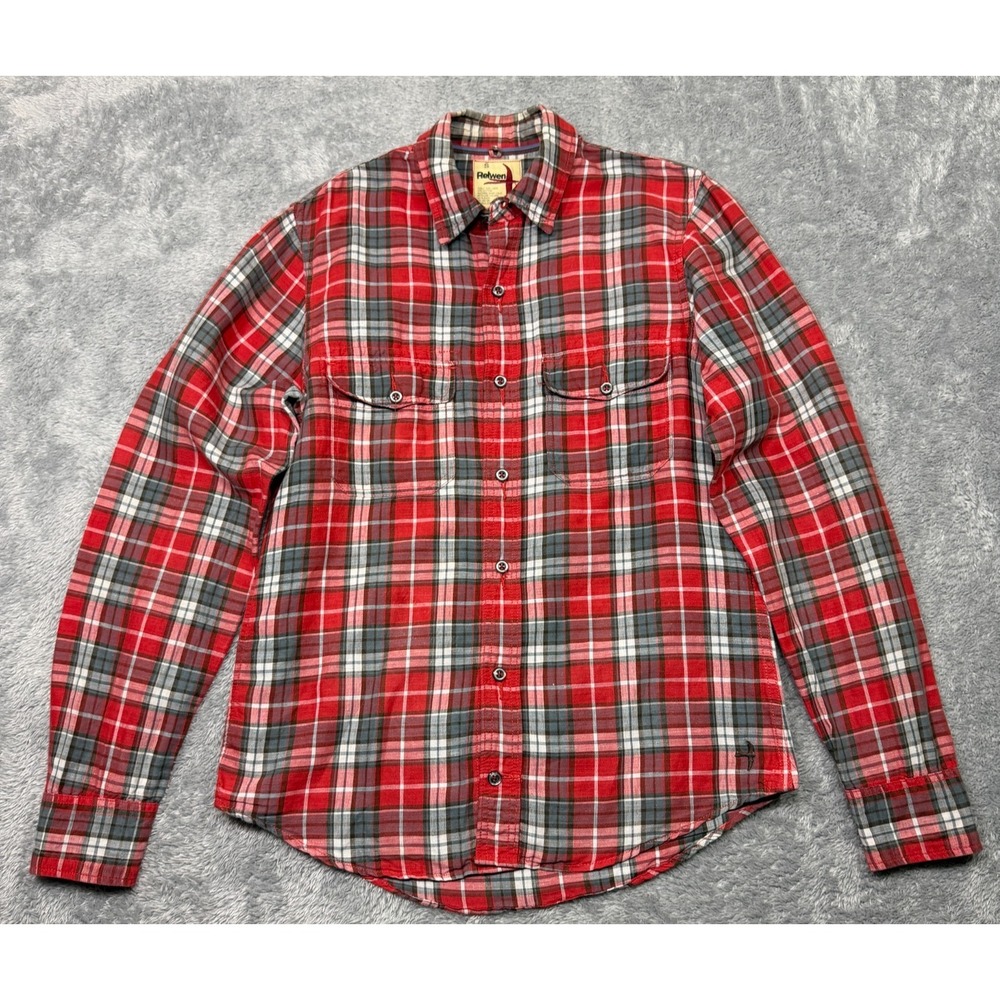 Relwen Men's M Plaid Poplin Shirt Linen Cotton Blend Red Blue Lightweight‎ Knit